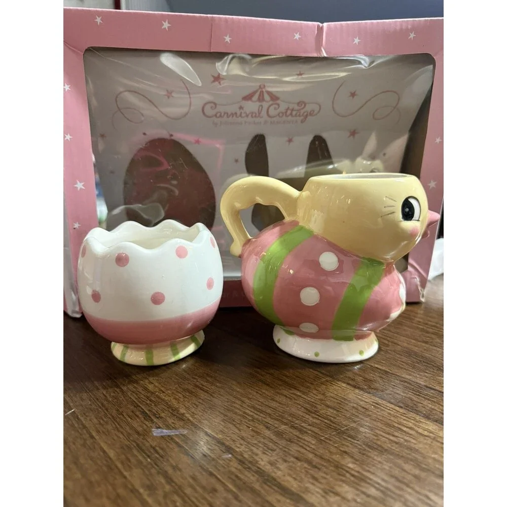 Johanna Parker Chick Egg Cream & Sugar Set Carnival Cottage *Flaws*